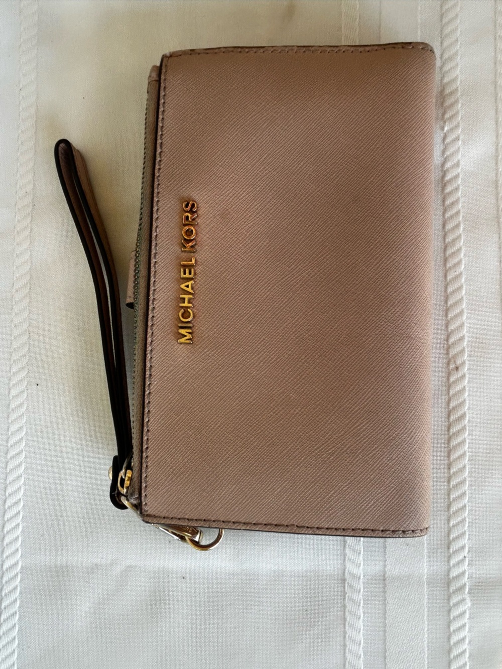 Michael Kors Jet Set Doubke Zip Wristlet Saffiano Leather Card Wallet Pink Gold